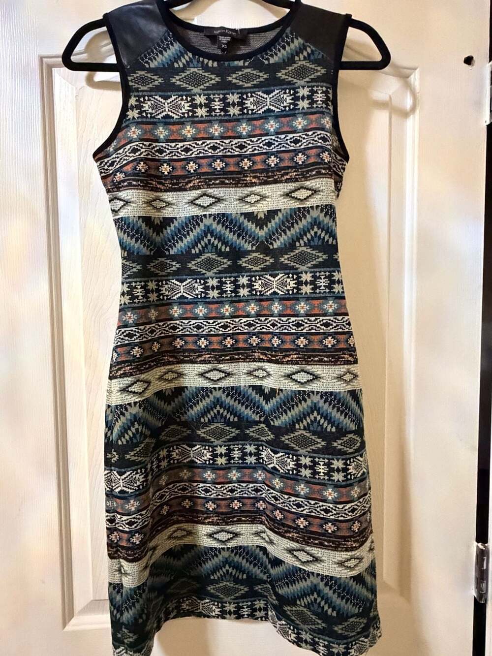 Karen Kane Contrast Jacquard Stretch Knit Dress w/Leather Shoulder